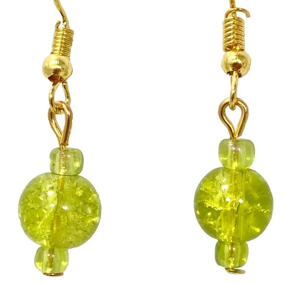 Murano Style Art Glass Bead Earrings Lime Green Gold Plated Crackled Glass Balls - Picture 1 of 8